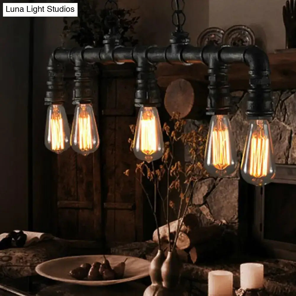 DecorBites steampunk black metal water pipe pendant light with five filament bulbs ideal for dining room or hanging island