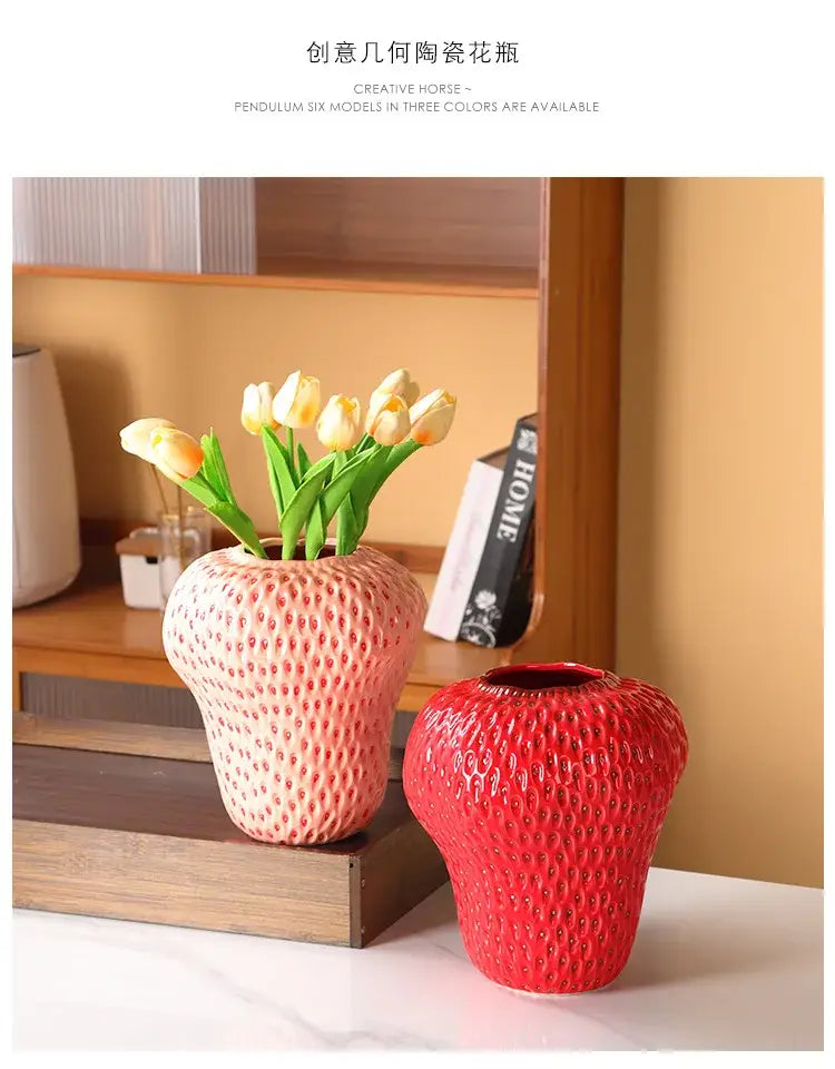 Pink and red textured dotted ceramic vase from decorbites™ strawberry cartoon ceramic vase for kids room