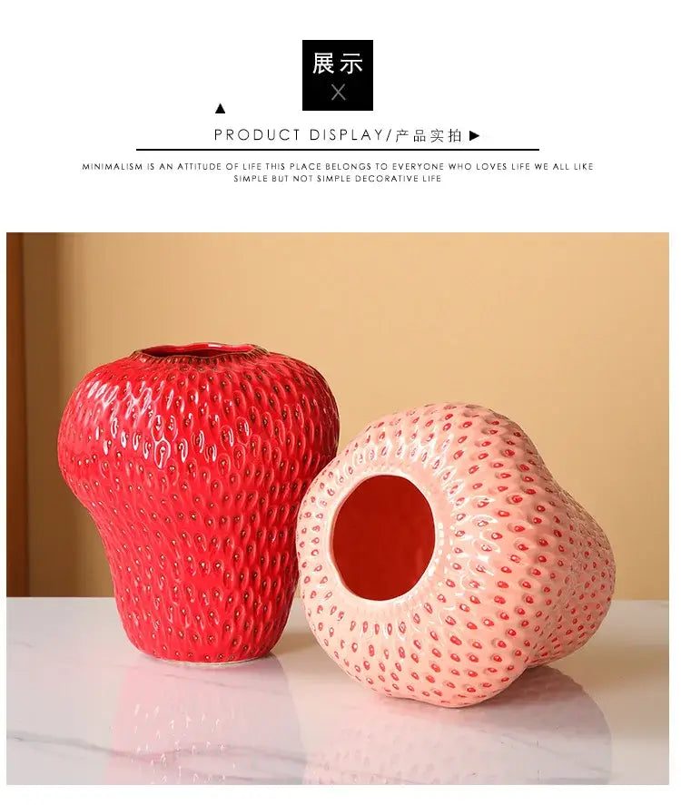 Decorbites™ strawberry cartoon ceramic vase in red and pink with textured dotted surface for kids room decor
