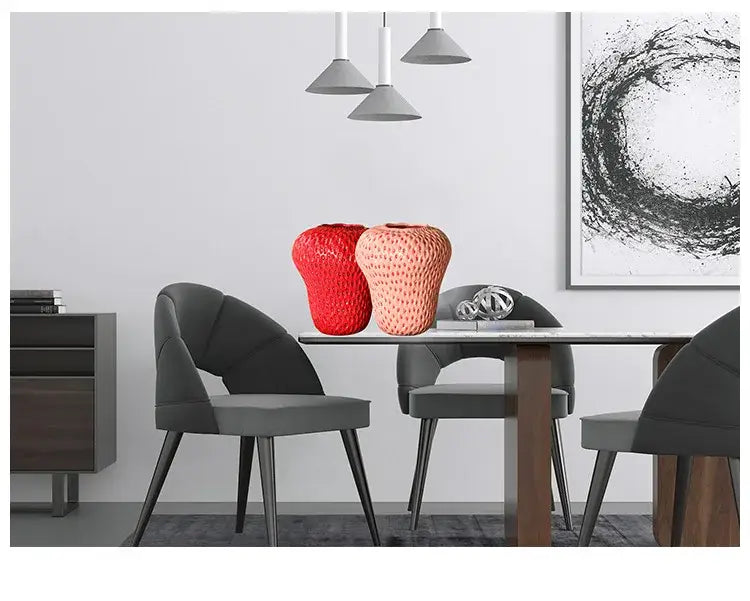 Two textured ceramic vases in vibrant red and soft peach with dotted pattern by DecorBites™ strawberry cartoon ceramic vase for kids room
