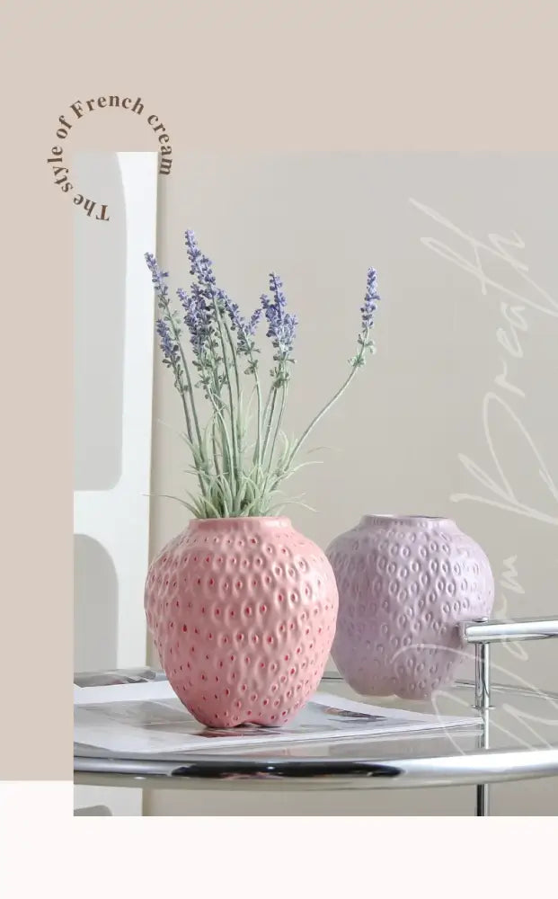Pink ceramic strawberry cartoon flower vase with textured surface for home décor by DecorBites™