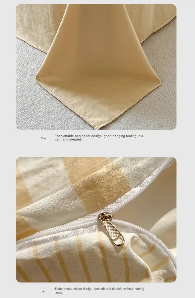 Beige satin bed sheet with subtle striped pattern and hidden metal zipper closure from decorbites™ striped quilt set