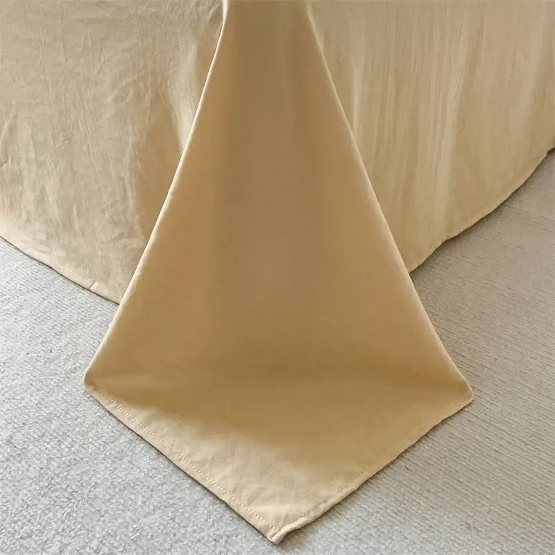 Beige satin bed skirt with smooth flowing drape and stitched hem in decorbites™ striped quilt set with pillowcases and sheet