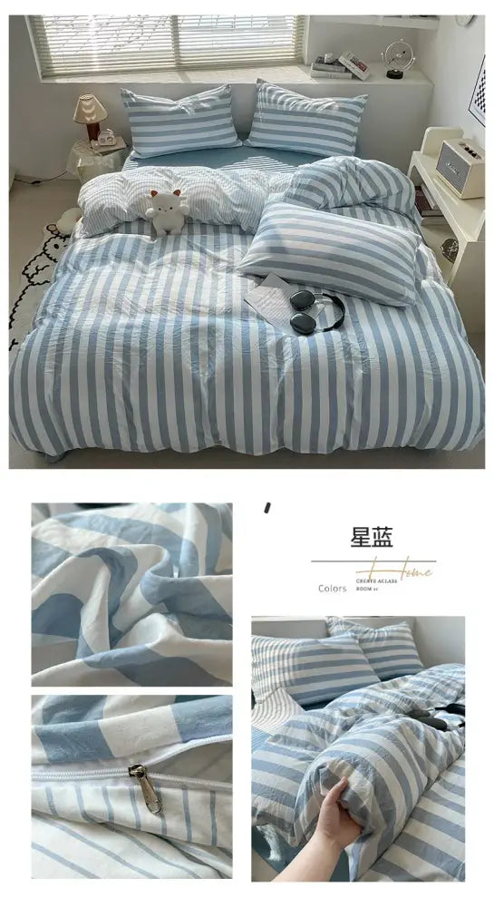 Decorbites™ striped quilt set with pillowcases and bed sheet features blue and white striped soft textured fabric