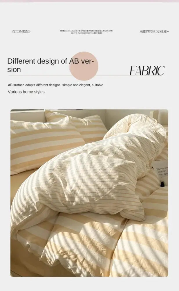 Cream-colored striped quilt set with soft textured fabric finish including bed sheet and pillowcases by DecorBites™