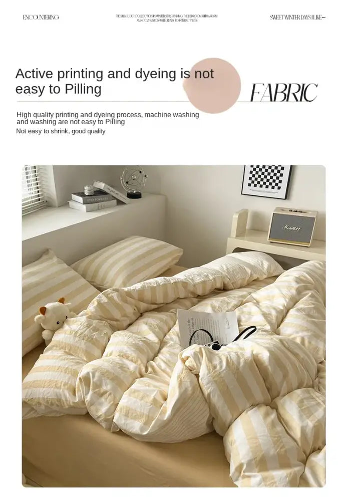 Decorbites striped quilt set with cream and beige stripes includes quilted duvet cover bed sheet and pillowcases