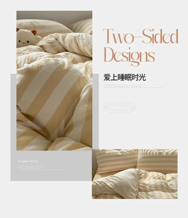 Cream and beige striped quilt set by DecorBites with pillowcases and soft cozy bed sheet texture