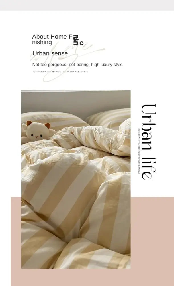 Decorbites™ striped quilt set with cream and beige stripes featuring a plush soft textured bed sheet and pillowcases