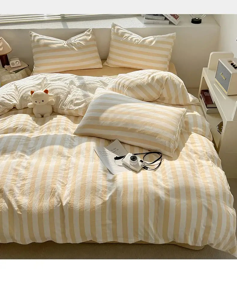 Cream and white vertically striped quilt set by DecorBites™ with soft textured fabric including bed sheet and pillowcases