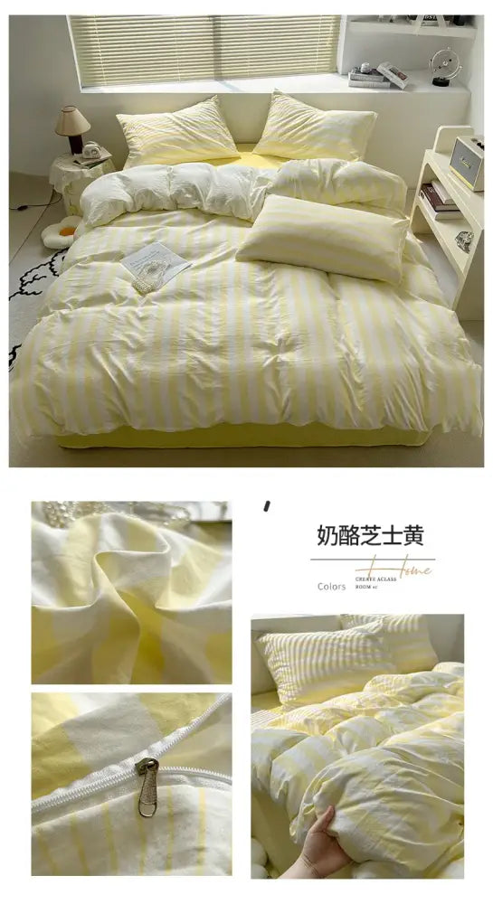 Decorbites™ striped quilt set with pillowcases and bed sheet featuring creamy yellow and white stripes and soft textured fabric