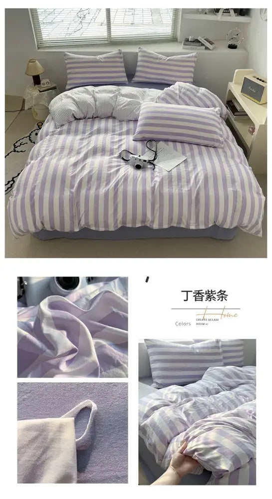 DecorBites™ striped quilt set in lavender and white with plush fabric finish includes bed sheet and pillowcases