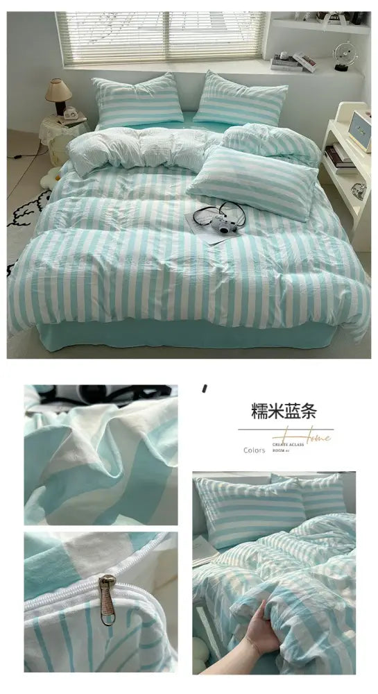 DecorBites™ striped quilt set in soft mint green and white cotton with ruffled bed sheet skirt and pillowcases