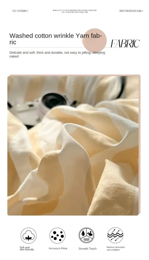 Decorbites™ striped quilt set with pillowcases and sheet in soft cream and beige washed cotton wrinkle yarn fabric