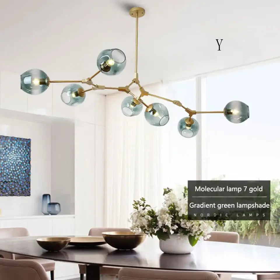 Gold-finished DecorBites™ stylish modern chandelier lighting with seven gradient green glass lampshades for dining rooms
