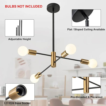 Decorbites™ stylish hanging chandelier with black and brass finish, adjustable height, five exposed bulbs for home decor in retro industrial style