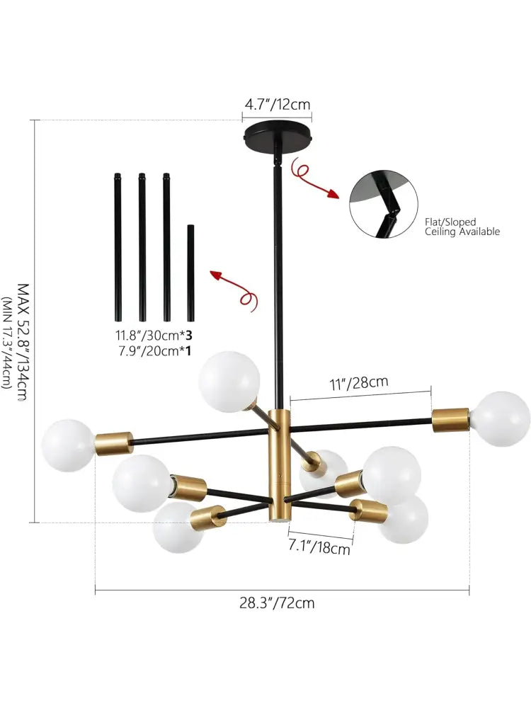 Black and gold modern DecorBites™ stylish hanging chandelier with six white globe bulbs for home decor and retro industrial style