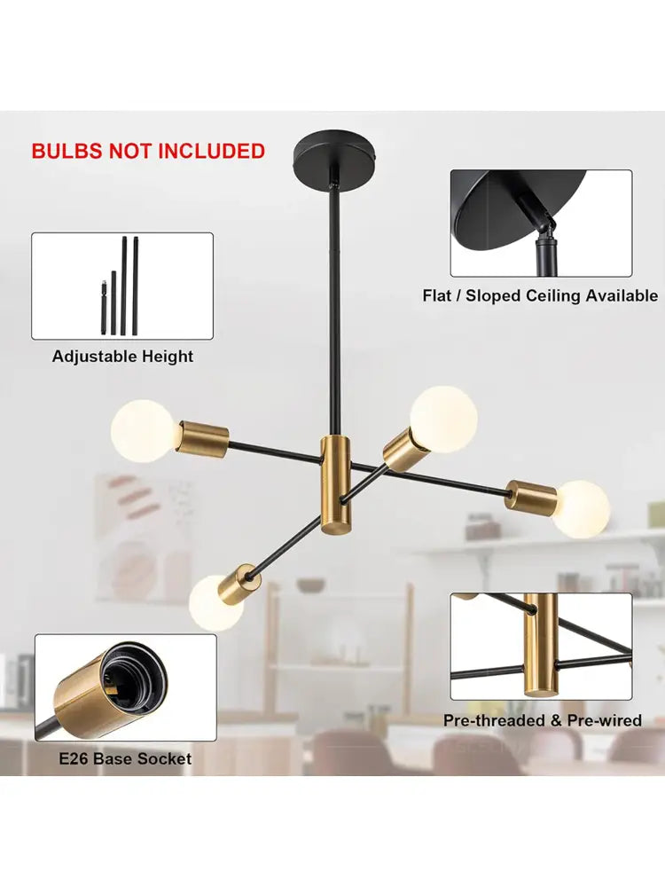 Modern black and brass geometric stylish hanging chandelier with adjustable height arms for home decor in retro industrial style