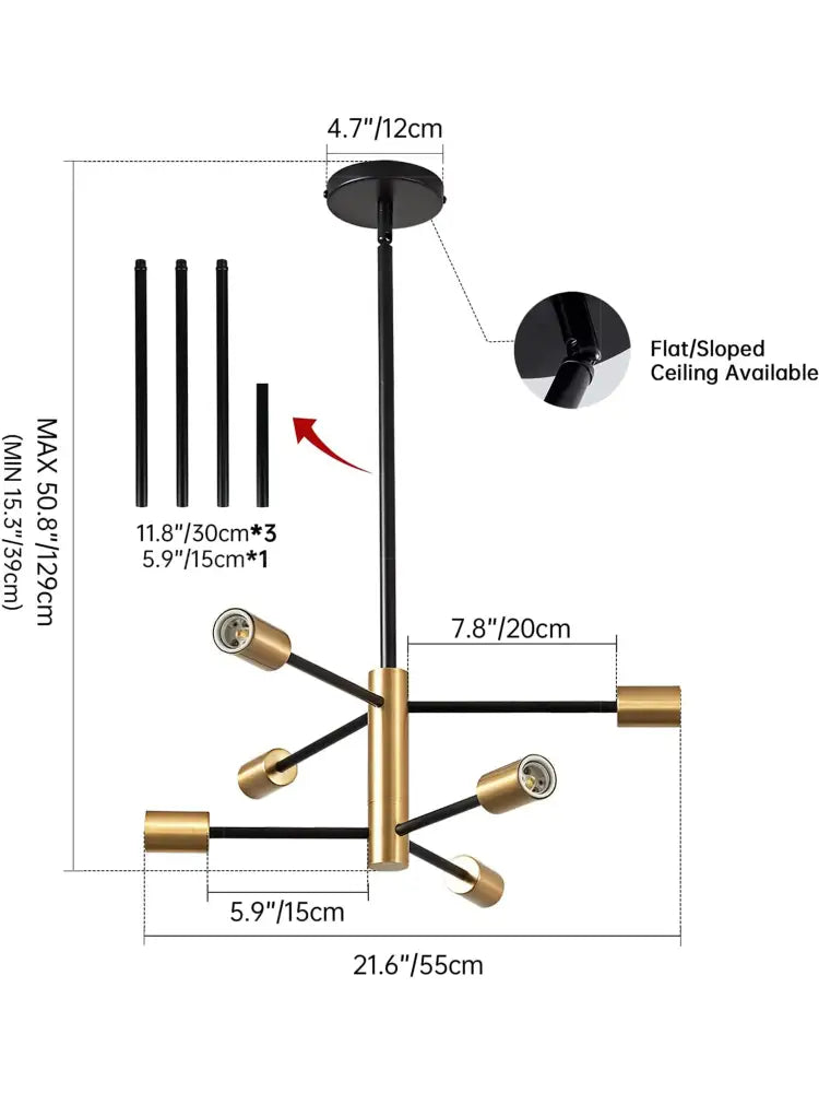 Modern black and brass two-tone stylish hanging chandelier with adjustable arms for home decor and retro industrial style