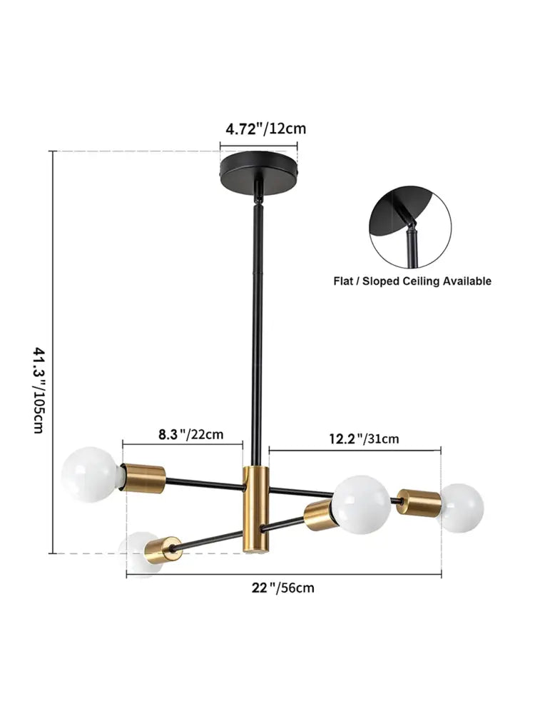 Decorbites™ stylish hanging chandelier in black and brass with four frosted glass globes for home decor and retro industrial style