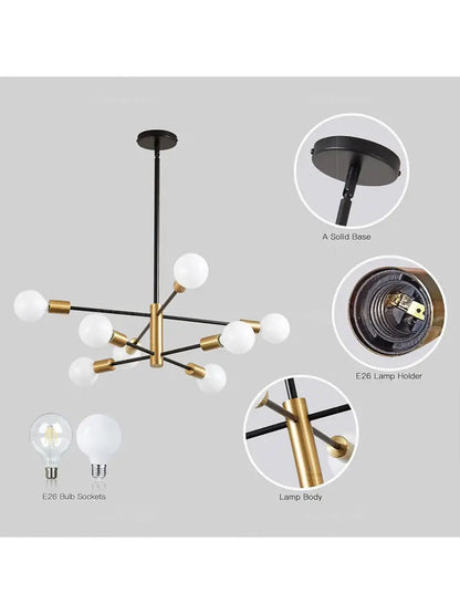 Modern chandelier with black and brass frame, white spherical bulbs, and e26 bulb holder for stylish hanging chandelier home decor