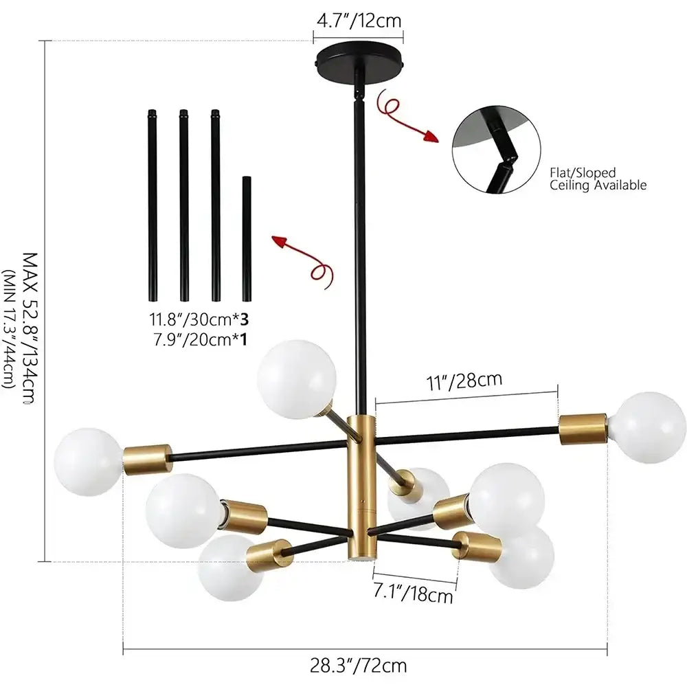 Modern black and brass stylish hanging chandelier with frosted glass globe bulbs for home decor in retro industrial style