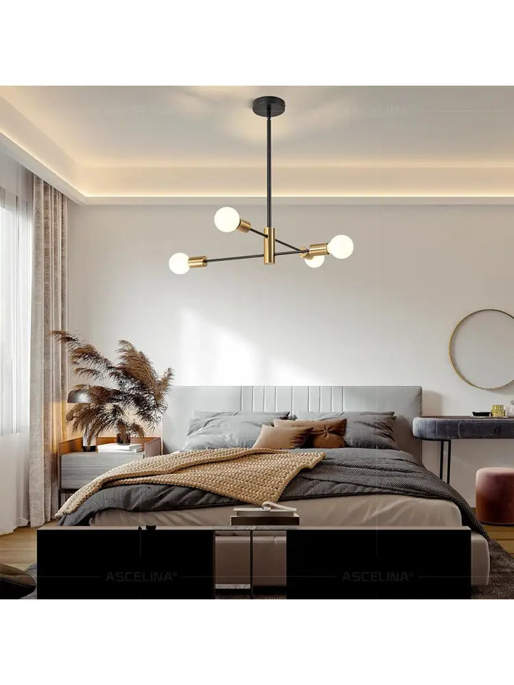 DecorBites™ stylish hanging chandelier in black and gold with spherical white bulbs for retro industrial style home decor