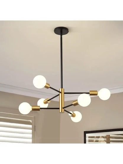 DecorBites stylish hanging chandelier with black rod and gold arms holding six frosted globes for home decor retro industrial style