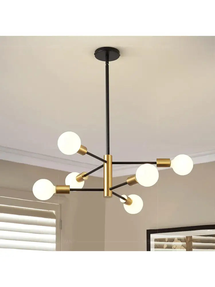 DecorBites stylish hanging chandelier with black rod and gold arms holding six frosted globes for home decor retro industrial style
