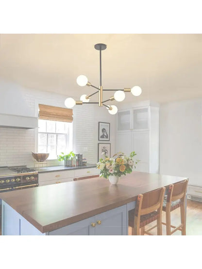 DecorBites™ stylish hanging chandelier with brass and black finish featuring spherical white globe lights for home decor