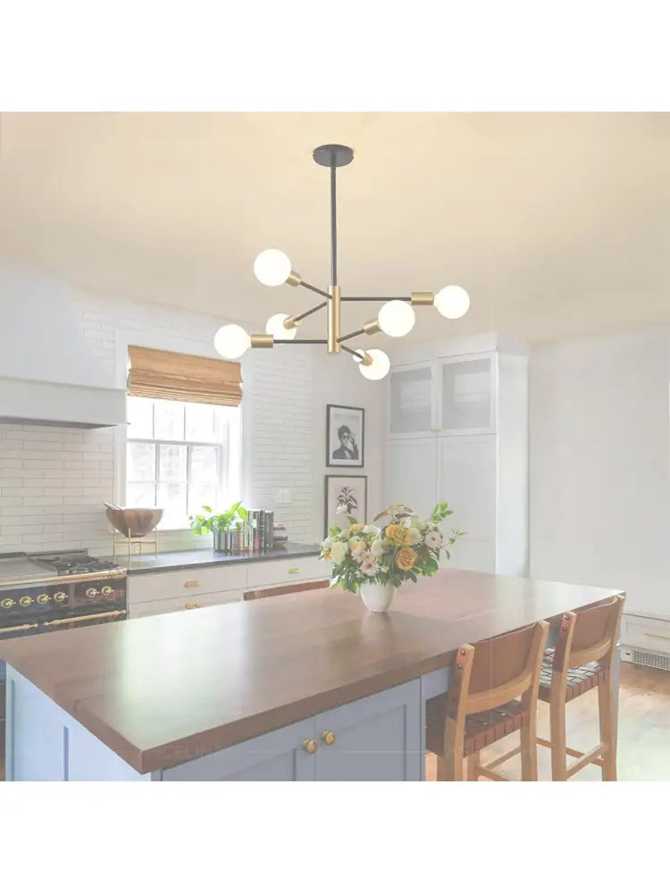 DecorBites™ stylish hanging chandelier with brass and black finish featuring spherical white globe lights for home decor
