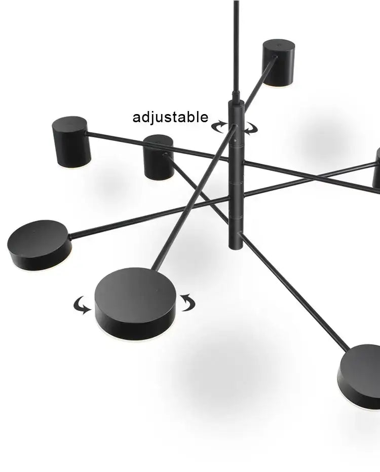 Black adjustable led chandelier with cylindrical arms and circular fixtures for stylish home decor by DecorBites™