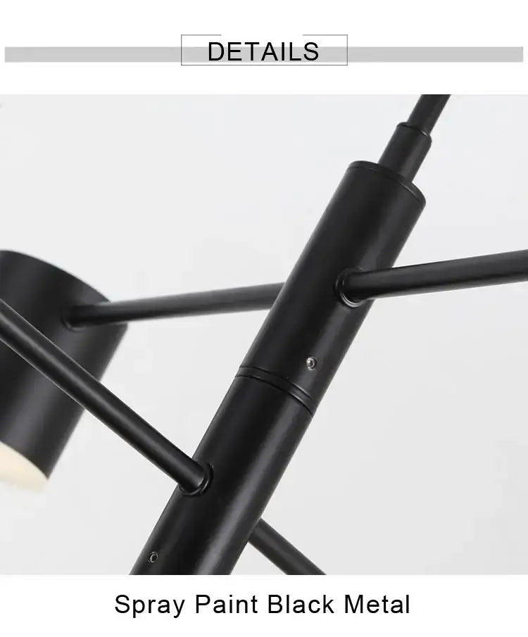 Black spray-painted metal led chandelier with sleek geometric arms and cylindrical shades for stylish home decor