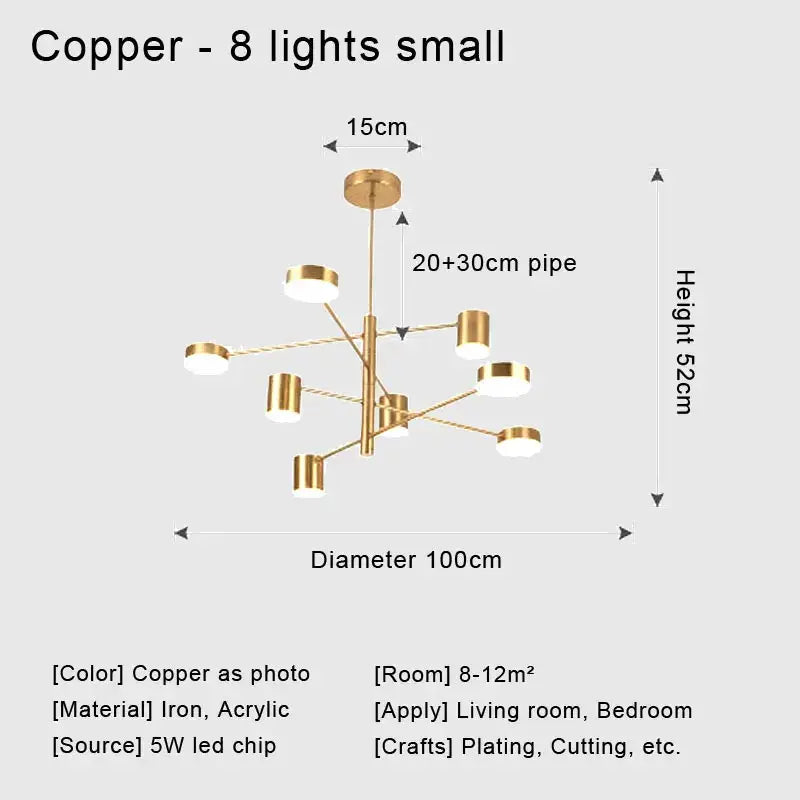 Decorbites™ stylish led chandelier in copper with eight circular lights in a modern branching design for home decor