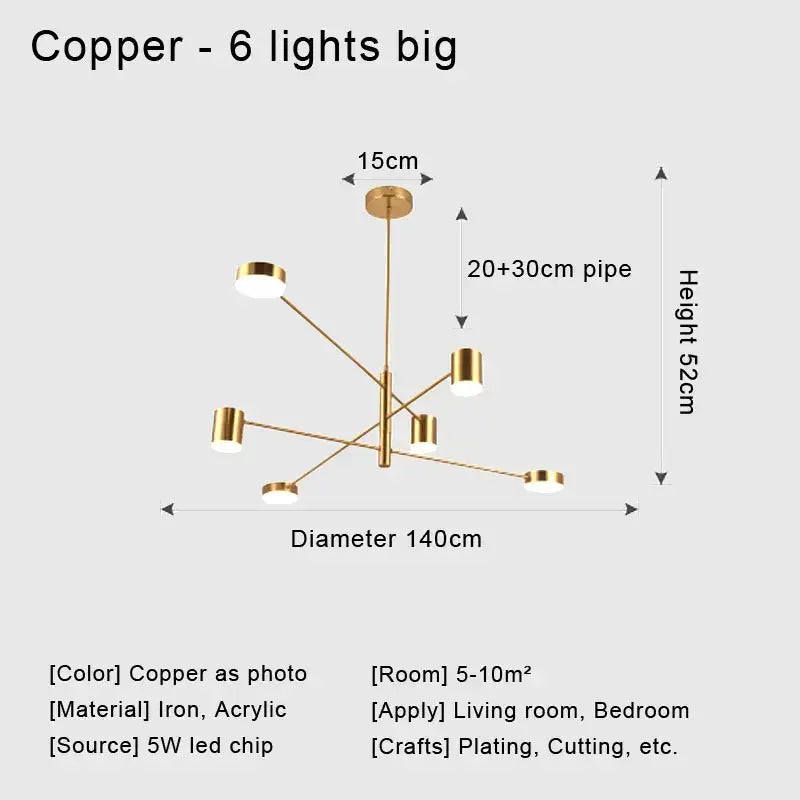 Copper finished stylish led chandelier with six cylindrical lights and central iron frame for home decor by DecorBites™