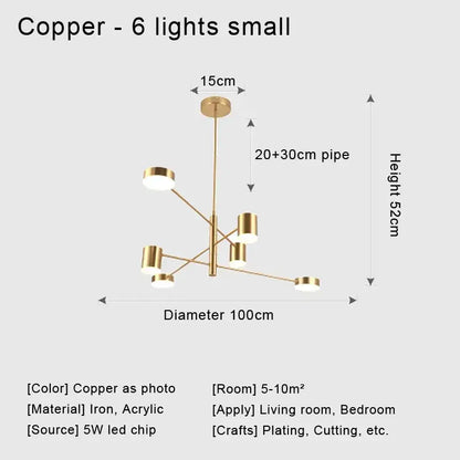 Copper-finished stylish led chandelier with six cylindrical lights and central iron frame for home decor by DecorBites