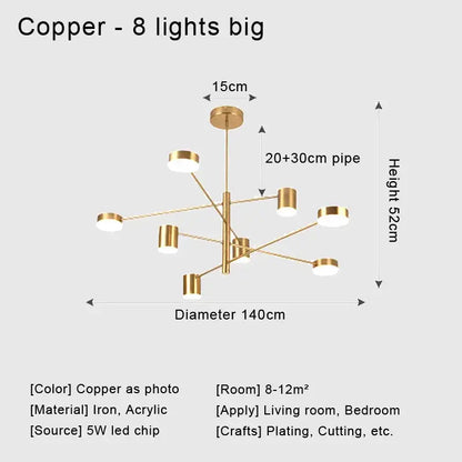 Copper-finished DecorBites™ stylish led chandelier with eight illuminated cylindrical lights for modern home decor