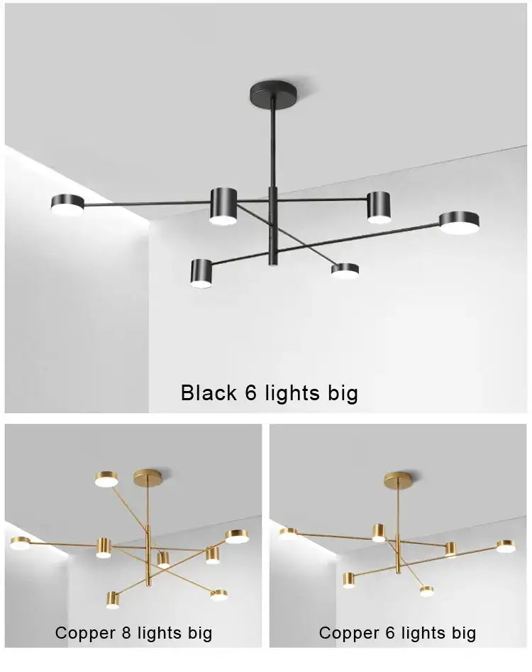 Modern black or copper minimalist led chandelier with six to eight cylindrical lights for stylish home decor by decorbites