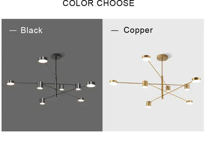 Modern geometric led chandelier by DecorBites available in sleek black or warm copper finish for stylish home decor