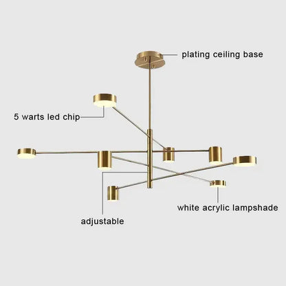 Modern gold-plated led chandelier with adjustable arms and white acrylic lampshades for stylish home decor by DecorBites
