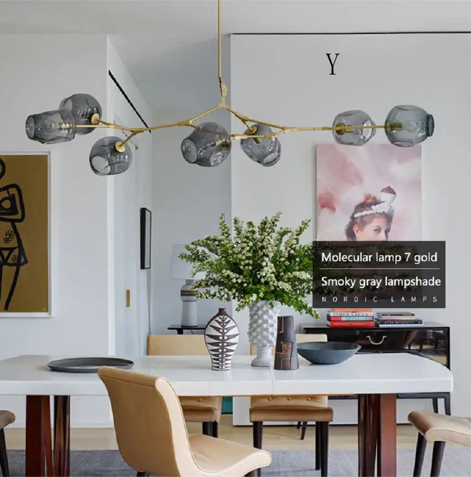 Gold-toned molecular chandelier with smoky gray glass lampshades stylish nordic chandelier for living room and dining
