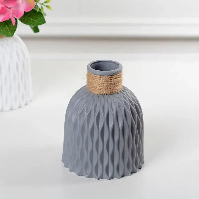 Gray ceramic decorbites™ stylish nordic color block vase with textured wavy pattern and natural twine band modern flower vase
