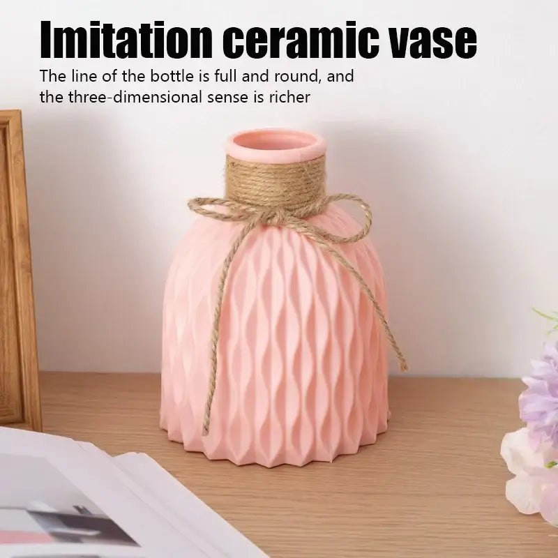 Pink imitation ceramic modern flower vase with wavy texture and natural twine bow from decorbites™ stylish nordic color block collection