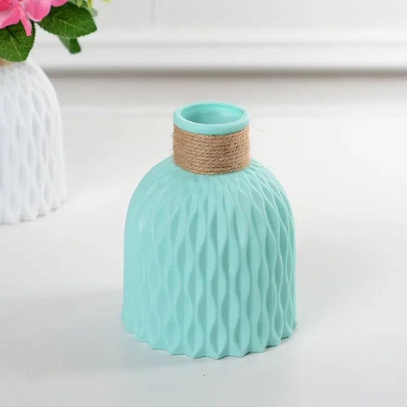 DecorBites™ stylish nordic color block modern flower vase in turquoise ceramic with wavy texture and twine band