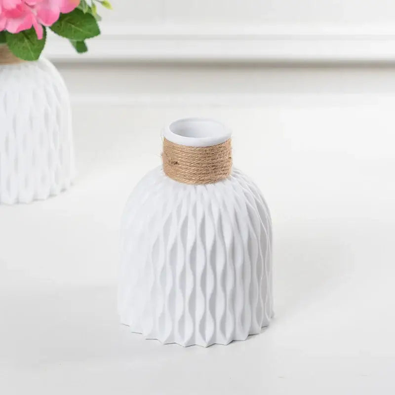 White ceramic decorbites™ stylish nordic color block vase with textured wavy pattern and natural twine band modern flower vase