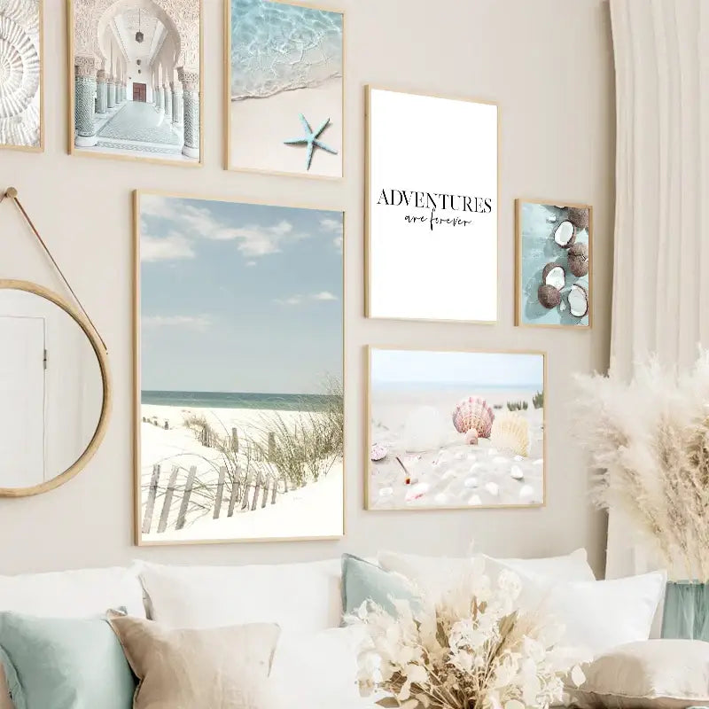 Beige wall featuring DecorBites™ summer beach seashell canvas wall art with framed beach-themed prints and decor elements