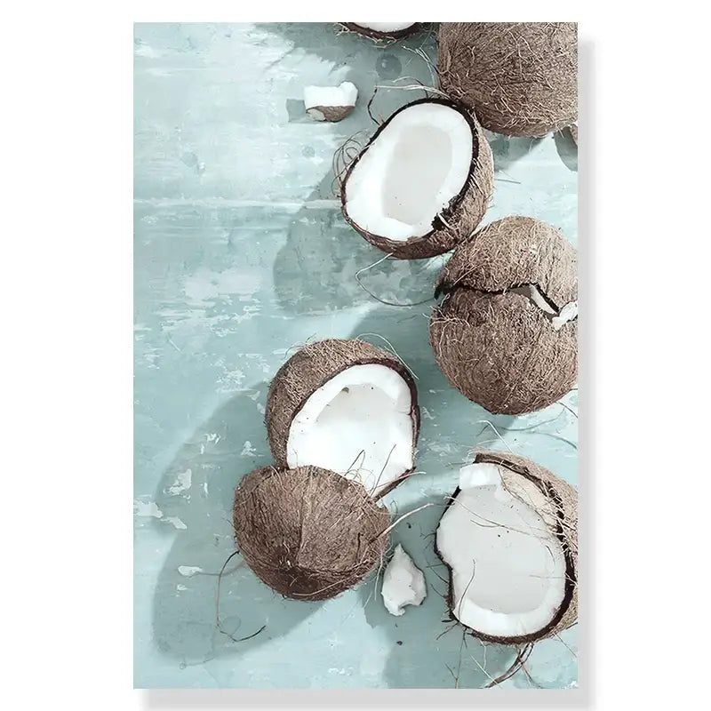 Decorbites™ summer beach seashell canvas wall art featuring brown coconuts with white interiors on a light blue surface