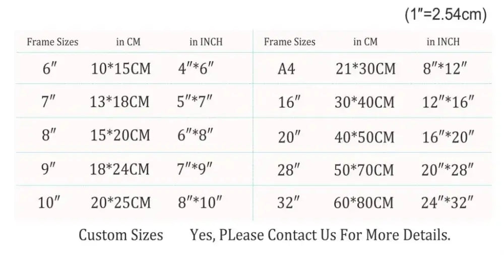 Frame size chart showing measurements in cm and inches for DecorBites summer beach seashell canvas wall art sizing options
