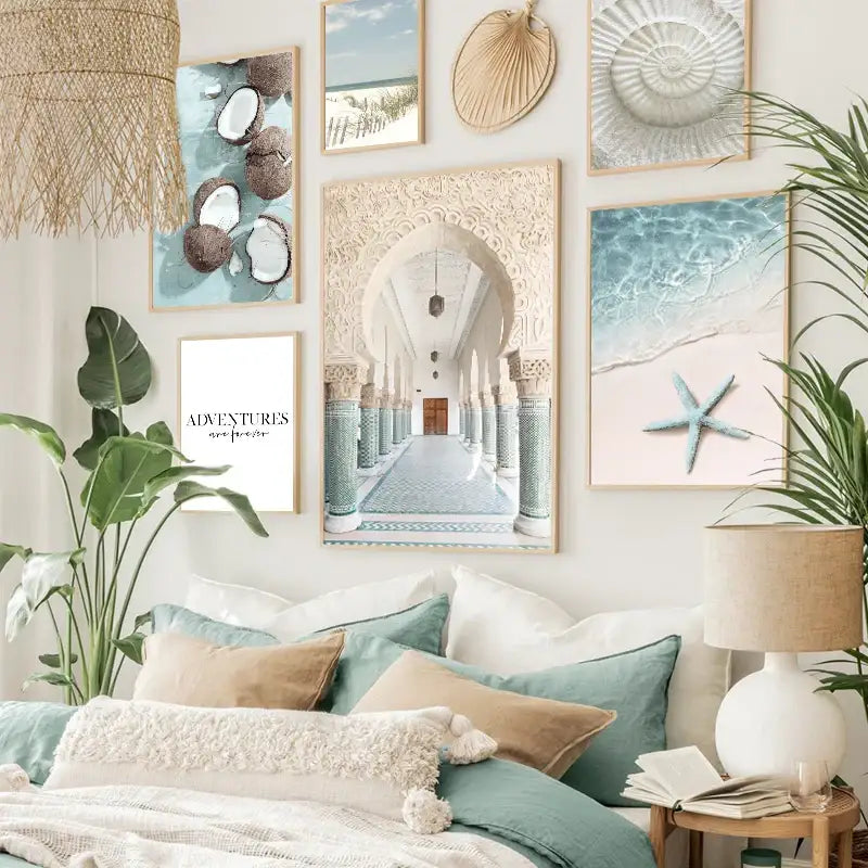A framed decorbites™ summer beach seashell canvas wall art featuring an ornate blue and white arched tile hallway