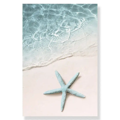 Decorbites™ summer beach seashell canvas wall art featuring a light blue starfish on pale sand by clear water