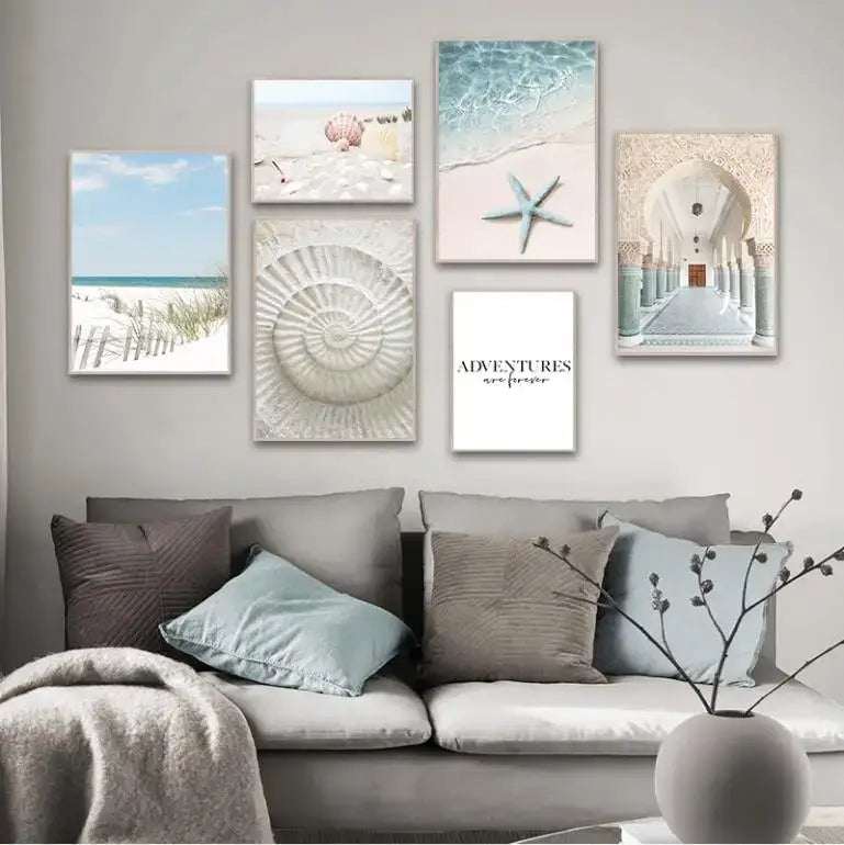 A minimalist round ceramic vase with a smooth matte finish complementing decorbites summer beach seashell canvas wall art